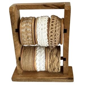 Decorative 6 Ribbon Spools on a Wood Holder Rack 7" x 8" Tall